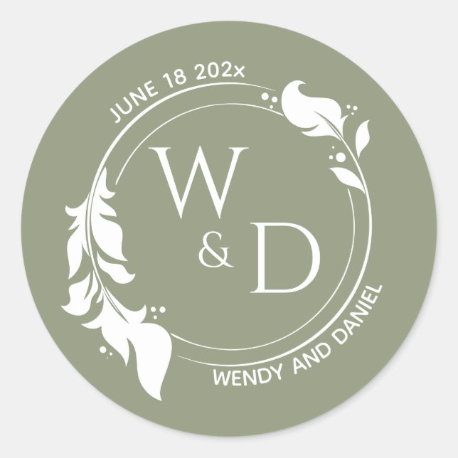 Elegantsage Green Foliage Doppelring Monogramm Runder Aufkleber (Vorderseite)