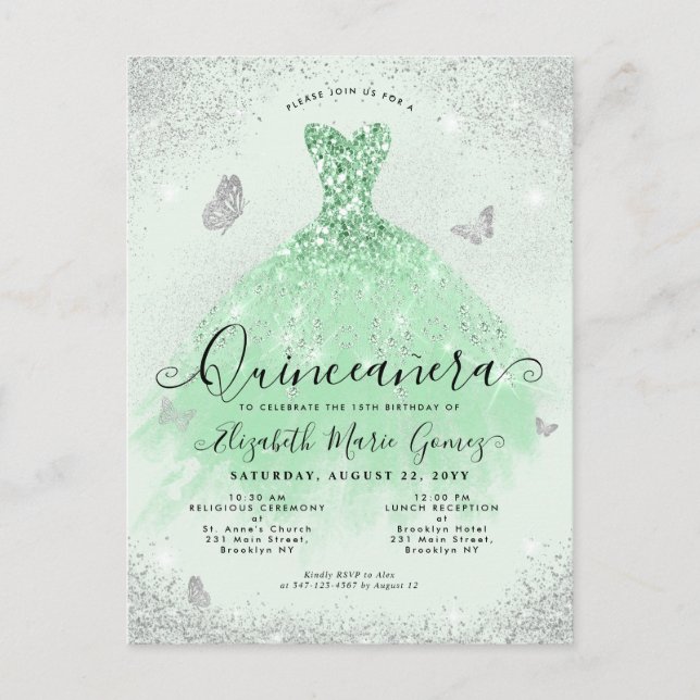 Elegantsage Grüner Silberner Glitzer Gown Quincean Postkarte (Vorderseite)