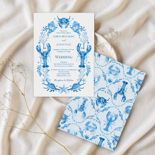 Eleganz am Meer Blaue Aquarell-Küstenhochzeit Einladung