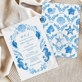 Eleganz am Meer Blaue Küsten-Aquarell-Hochzeit Einladung