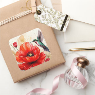 Eleganz der Natur: Harmonie von Mohn und Kolibri Quadratischer Aufkleber