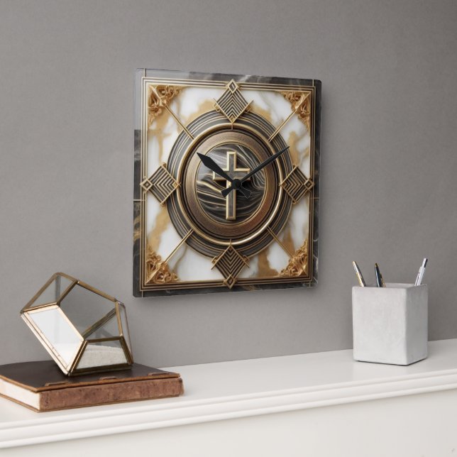 Eleganz in Absolution Cross auf Marmor mit Gilded Quadratische Wanduhr (Büro)