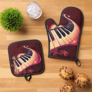 Eleganz in Bewegung, das gebogene Klavier.  Ofenhandschuh & Topflappen-Set