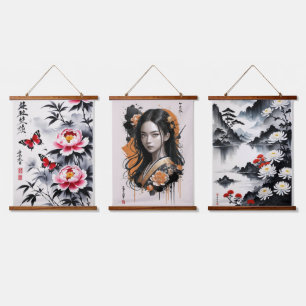 Eleganz in Bloom: Blumen und Portrait Harmonie Wandteppich Mit Holzrahmen