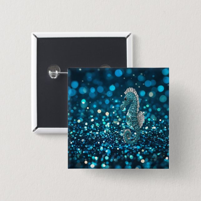 Eleganz in Motion: Aqua Seepferd über Aqua Bokeh Button (Vorne & Hinten)