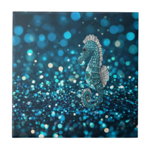 Eleganz in Motion: Aqua Seepferd über Aqua Bokeh Fliese