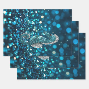 Eleganz in Motion: Aqua Seepferd über Aqua Bokeh Geschenkpapier Set