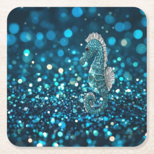 Eleganz in Motion: Aqua Seepferd über Aqua Bokeh Rechteckiger Pappuntersetzer
