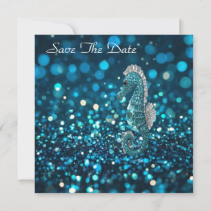 Eleganz in Motion: Aqua Seepferd über Aqua Bokeh Save The Date