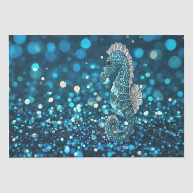 Eleganz in Motion: Aqua Seepferd über Aqua Bokeh Seidenpapier (Vorderseite)