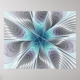 Eleganz Moderne Blaugrau Weiße Fraktal-Kunst-Blume Poster