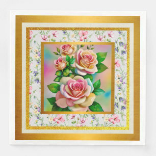 Eleganz Rosen Pink und Gelb Wasserfarbe Pastell Serviette