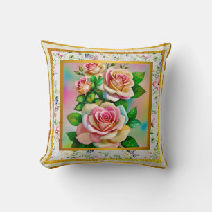 Eleganz-Rosen Rosa und Gelb Aquarell-Pastell Kissen