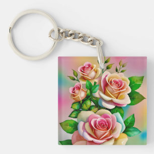Eleganz-Rosen Rosa und Gelb Aquarell-Pastell Schlüsselanhänger