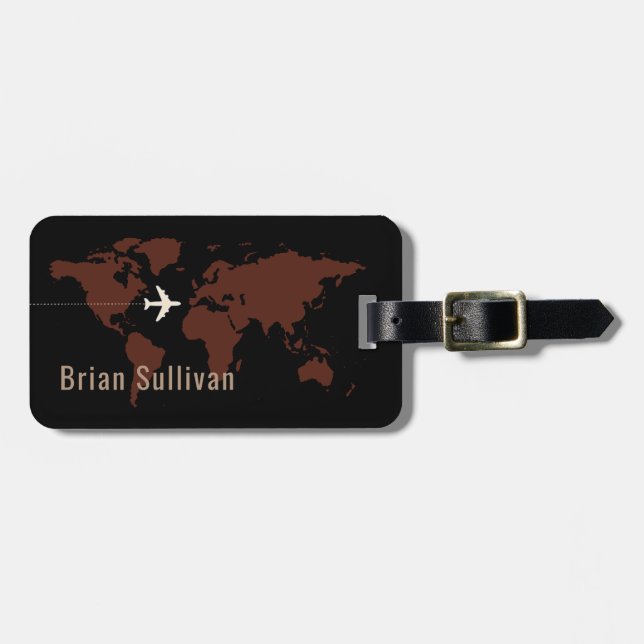 Eleganza Brown World Map Travel Agent Gepäckmarke Gepäckanhänger (Vorderseite horizontal)