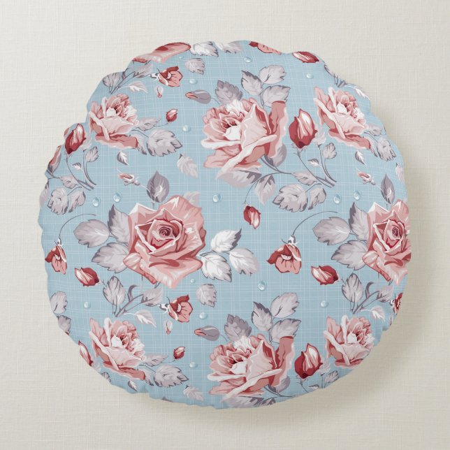 Eleganztapetenmuster von rosa Rosen 2 Rundes Kissen (Vorderseite)