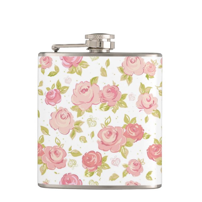 Eleganztapetenmuster von rosa Rosen 3 Flachmann (Vorderseite)