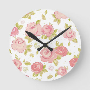 Eleganztapetenmuster von rosa Rosen 3 Runde Wanduhr