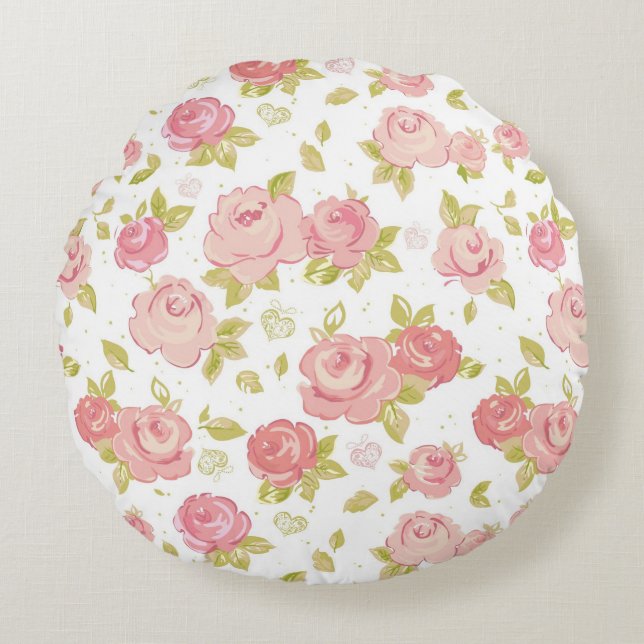 Eleganztapetenmuster von rosa Rosen 3 Rundes Kissen (Vorderseite)