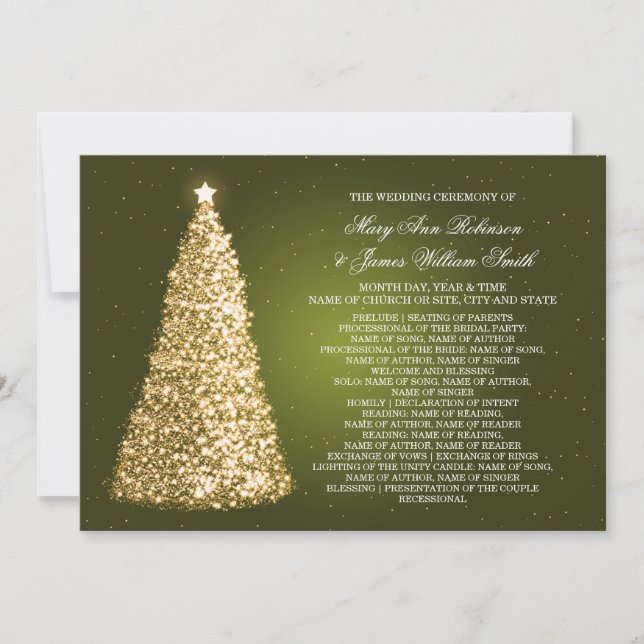 Elegnat Christmas Wedding Program Gold Green Einladung (Vorderseite)