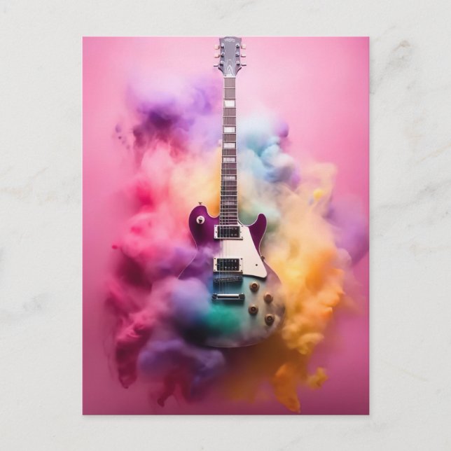 Elektische Gitarre in bunter Farbwolke Postkarte (Vorderseite)