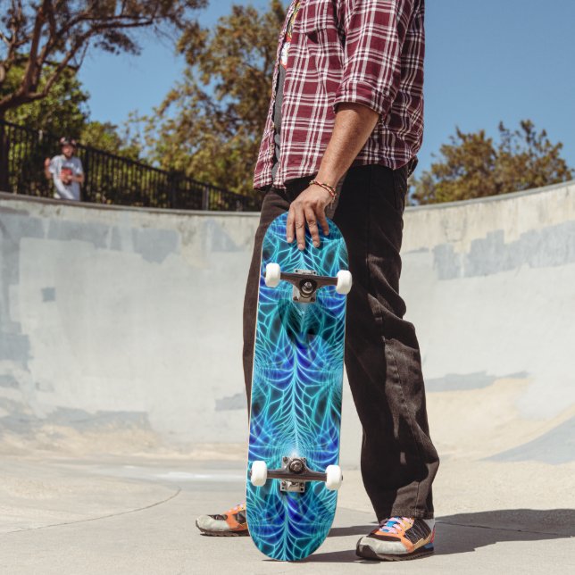 Elektrisch blaues Neon-Fraktal Wiederholungsmuster Skateboard (Außenbereich 2)