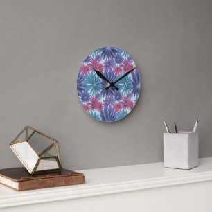 Elektrische Blüte: Glänzendes Blau und Rosa floral Runde Wanduhr