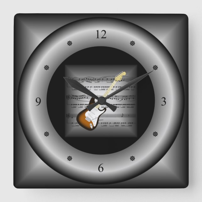 Elektrische Gitarre ~ 3D Sheet Music ~ Kissensilbe Quadratische Wanduhr (Vorderseite)