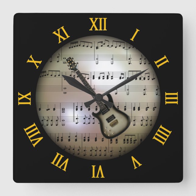 Elektrische Gitarre~Background "The Musical Planet Quadratische Wanduhr (Vorderseite)