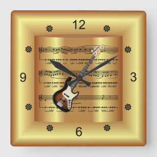 Elektrische Gitarre~kurvige Blatt Musik~Gold Hinte Quadratische Wanduhr