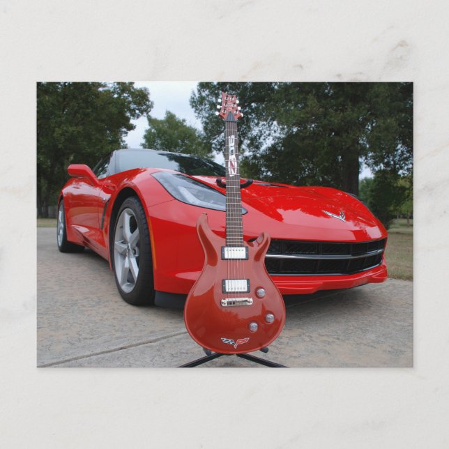 Elektrische Gitarre und Sportwagen Postkarte (Vorderseite)