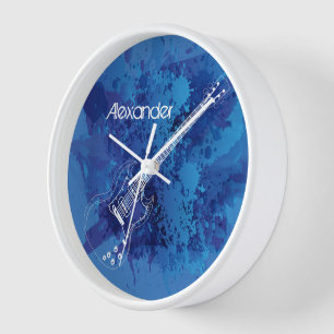 Elektrische Gitarren-Kontur-blaue Farbe Splats Wanduhr