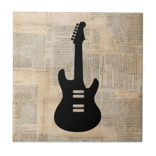 Elektrische Gitarrenmusik Kunst mit Zeitungstext Fliese