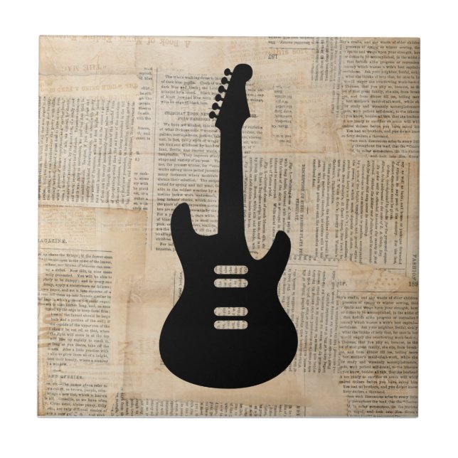 Elektrische Gitarrenmusik Kunst mit Zeitungstext Fliese (Vorderseite)