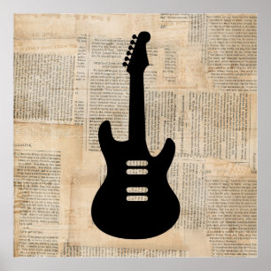 Elektrische Gitarrenmusik Kunst mit Zeitungstext Poster