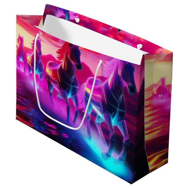 Elektrische Herde - Synthwave Pferde Große Geschenktüte (Vorderseite Schrägansicht)