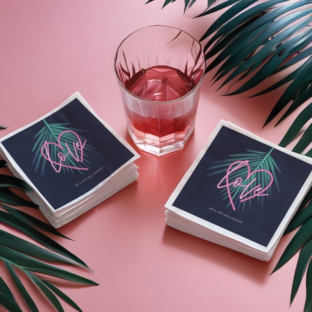 Elektrische Liebe Neon Pink Heart & Tropical Palm  Serviette (Electric Love Neon Pink Heart & Tropical Palm Leaf Napkins)