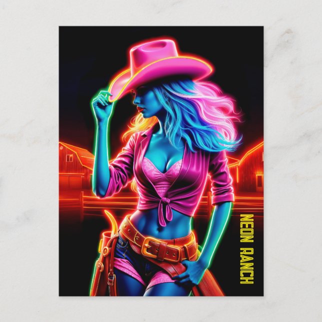 Elektrische Neonfarm Mädchen in rosa Hut unter Nac Postkarte (Vorderseite)