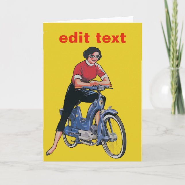 Elektrisches Fahrrad, Vintage Frau, ADD-TEXT, Karte (Vorderseite)