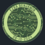 Elektronische Computerplatine Bar Mitzvah Runder Aufkleber<br><div class="desc">Green-Computer-Platine Bar Mitzvah Umschlag Aufkleber oder bevorzugen Aufkleber. Dieses nicht-traditionelle Computermotherboard oder elektronisch inspiriert Design verfügt über einen subtilen jüdischen David-Stern sowie Schaltkreise, wie man sie auf einer elektronischen Platine sehen würde. Diese Elemente sind mit Schriftart für Digitalrechner verbunden. Die Farben sind in verschiedenen Grüntönen gehalten, von einem hellen Kalkgrün...</div>
