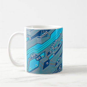 Elektronische Leiterplatte Nahaufnahme. Schaltung, Kaffeetasse