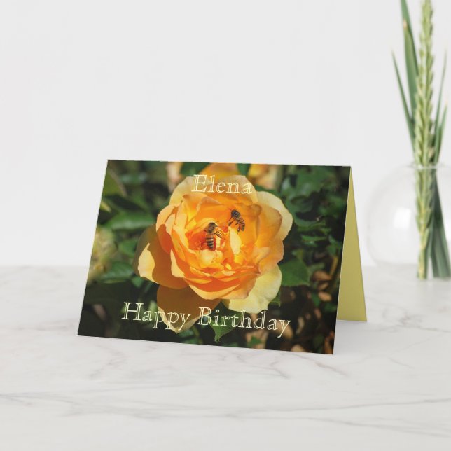 Elena Happy Birthday Yellow Rose With Honeybees Karte (Vorderseite)