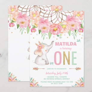 Elephant 1. Geburtstag Boho Pink Floral Girl Einladung