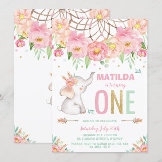 Elephant 1. Geburtstag Boho Pink Floral Girl Einladung