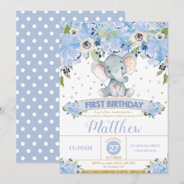Elephant 1. Geburtstag Einladung Boy Blue Floral (Vorne/Hinten)