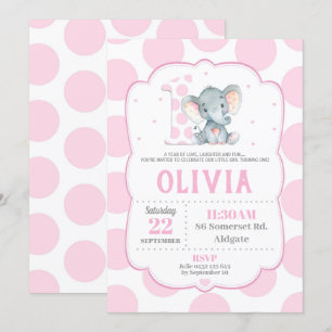 Elephant 1. Geburtstag Einladung Pink Polka Dots