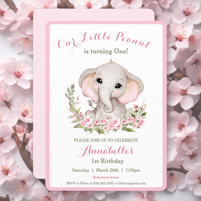 Elephant 1. Geburtstagsmädagoge Einladung (Elephant 1st Birthday Girl Invitation | Custom Age)