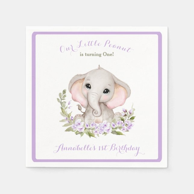 Elephant 1. Geburtstagsmädchen Lila Alter Serviette (Vorderseite)