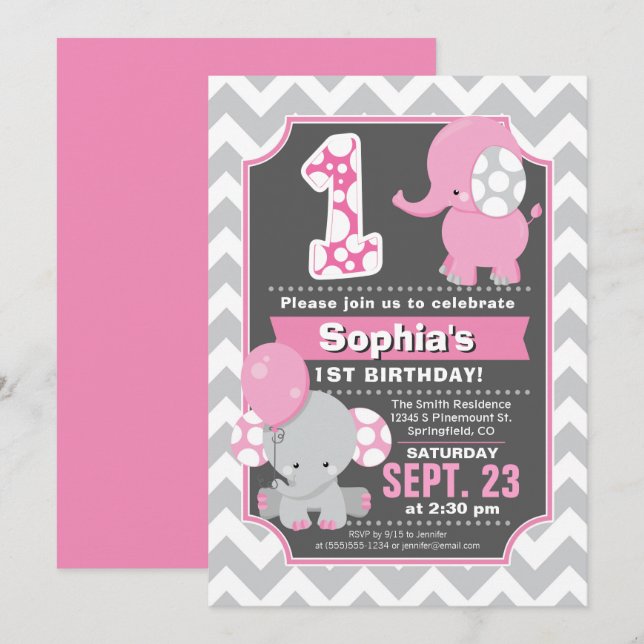 Eléphant 1er anniversaire Invitation fille (Devant / Derrière)