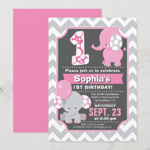 Eléphant 1er anniversaire Invitation fille